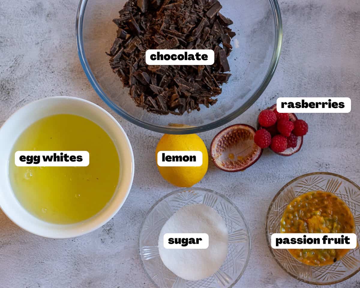 Labelled picture of ingredients for dark chocolate mousse