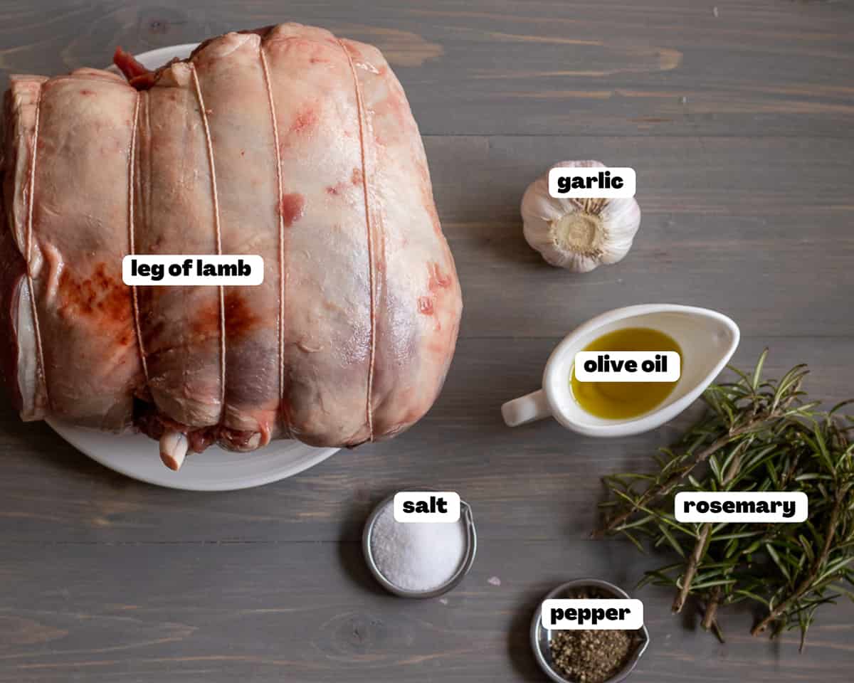 Labelled picture of ingredients for boneless leg of lamb recipe 