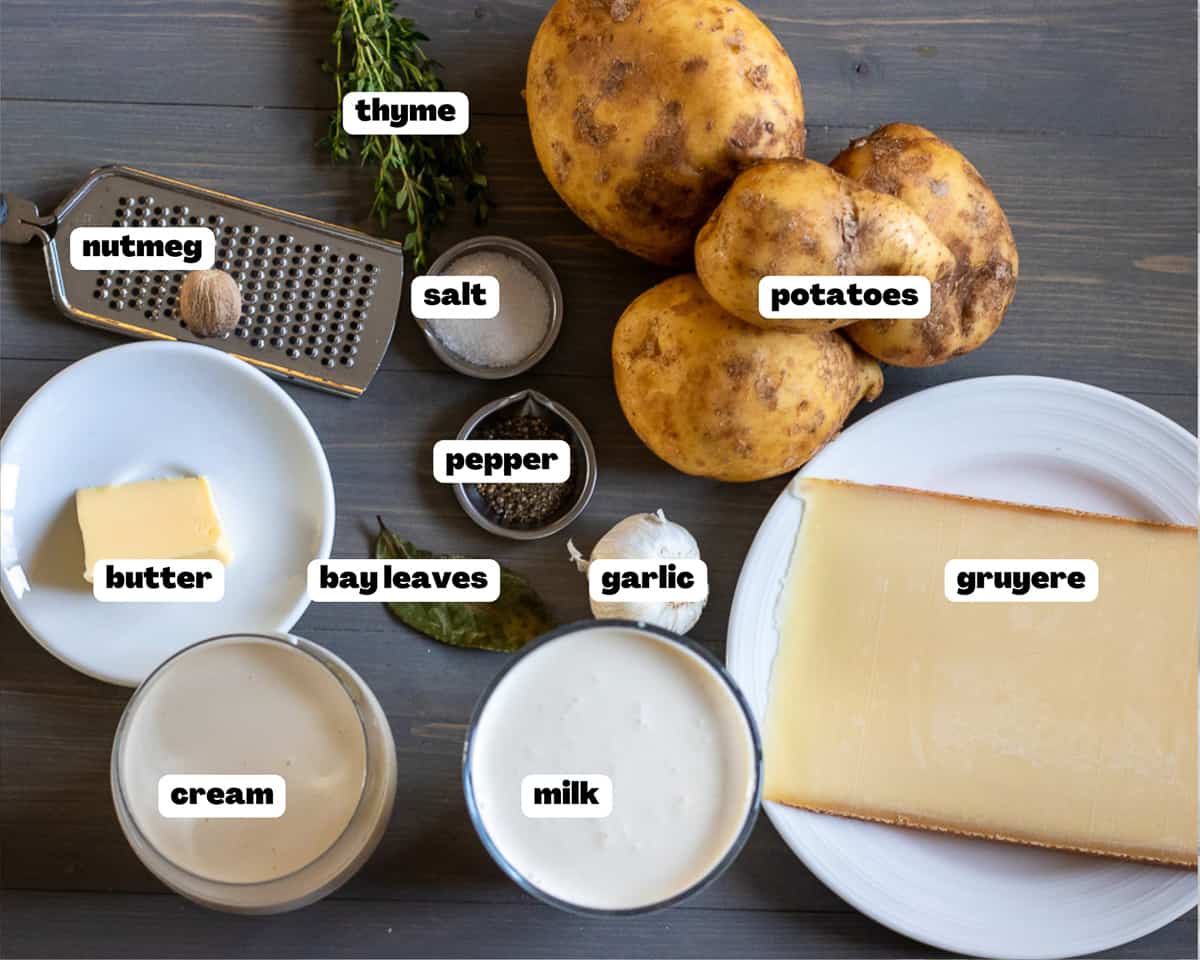labelled picture of ingredients for potatoes au gratin