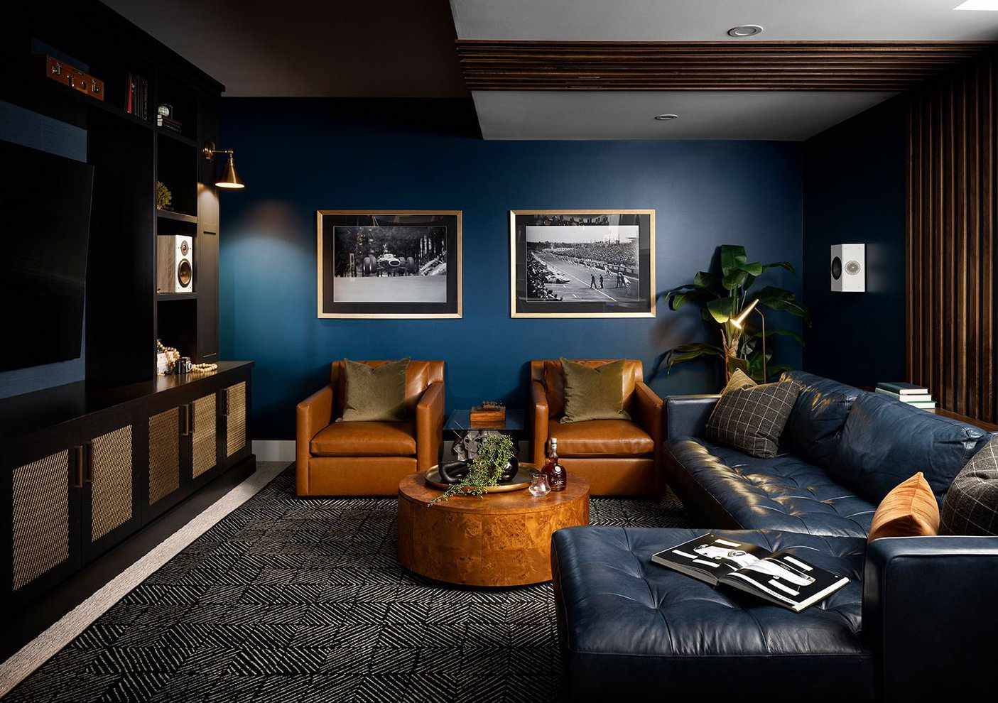 navy blue accent wall moody basement