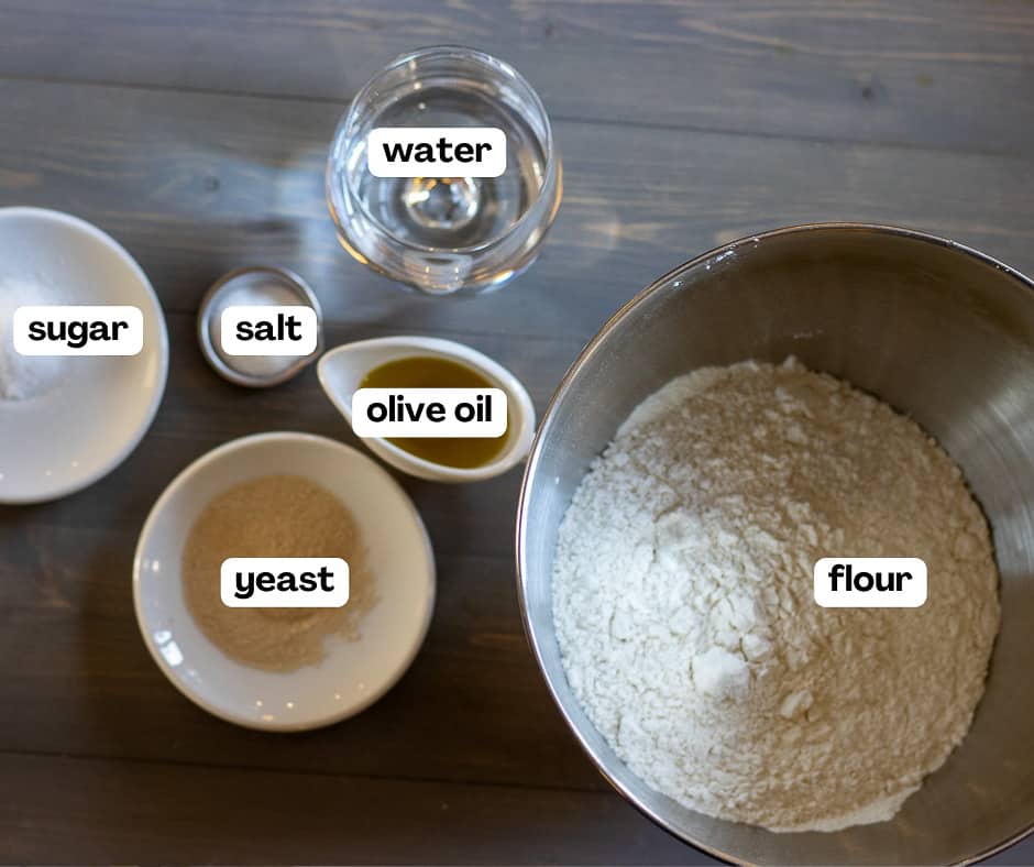 labelled picture of ingredients for Bolillo - Crusty Mexican Bread Rolls