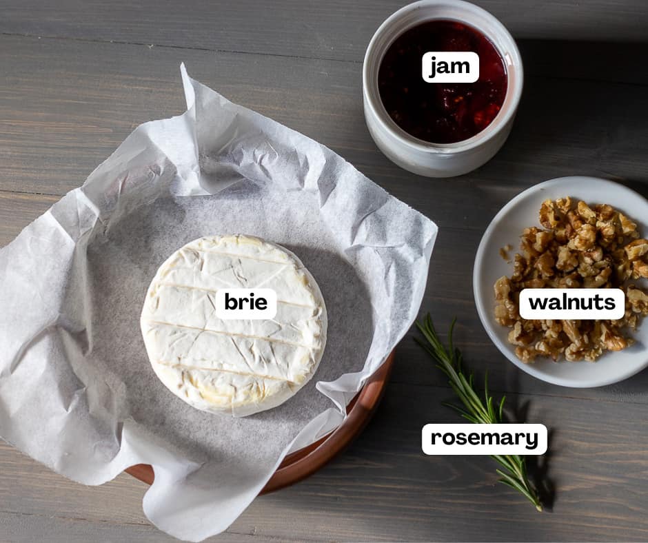 labelled picture of ingredients for baked brie with jam