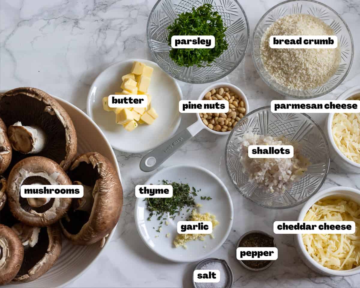 labelled picture of ingredients for vegetarian stuffed mushrooms recipe