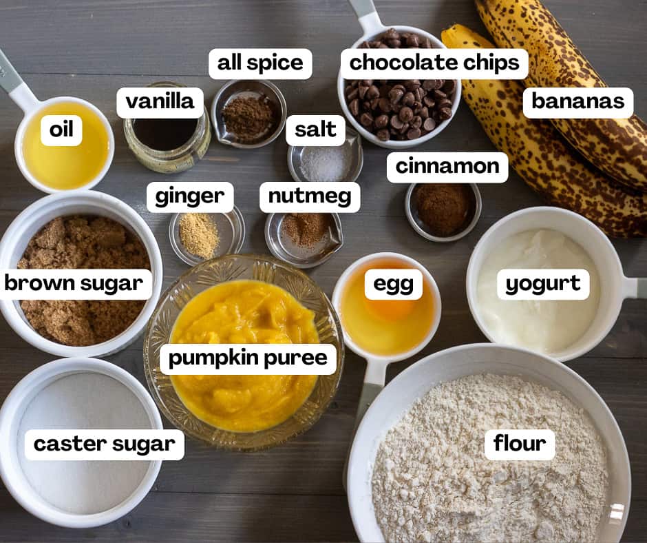 Labelled picture of ingredients for pumpkin banana muffins