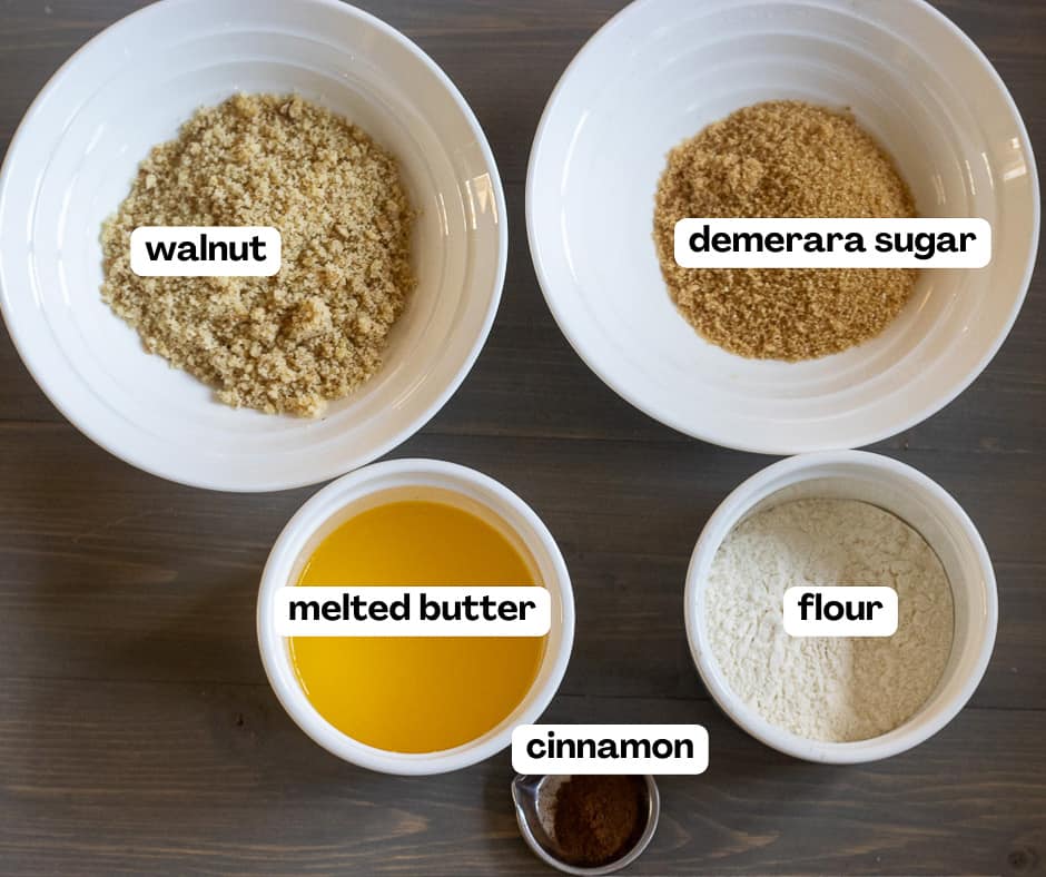 Labelled picture of ingredients for streusel topping for banana muffins.