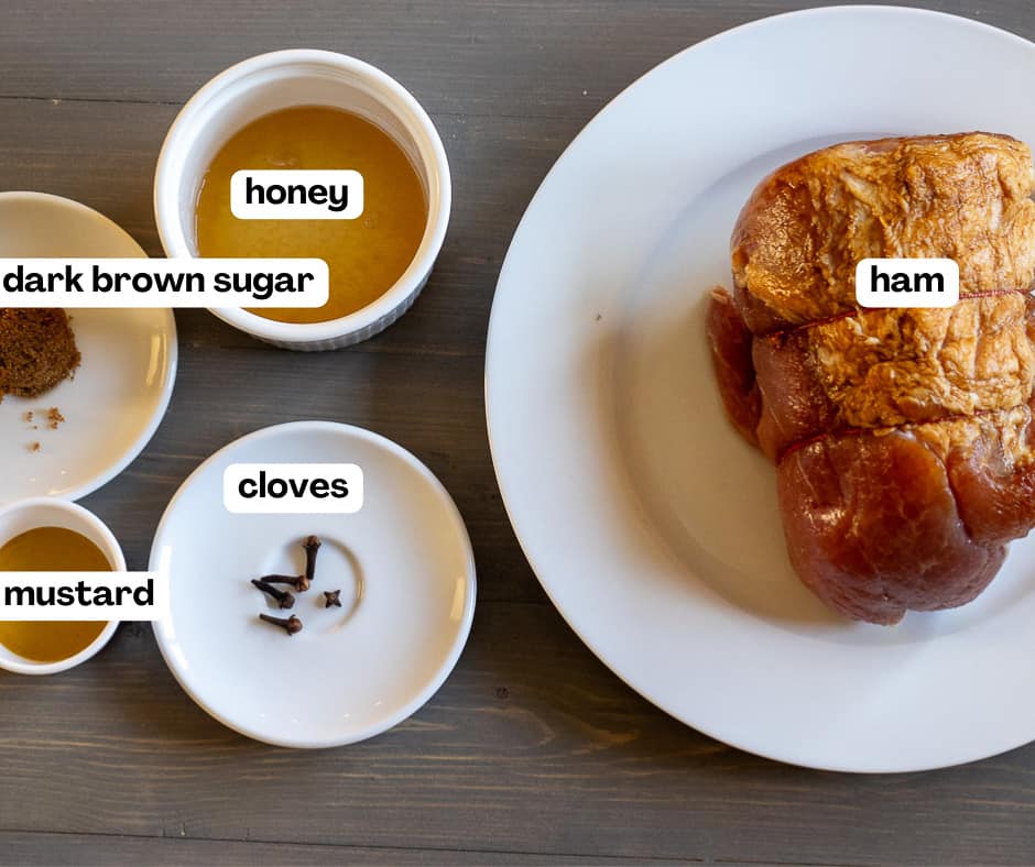 Labelled picture of ingredients for honey glazed ham