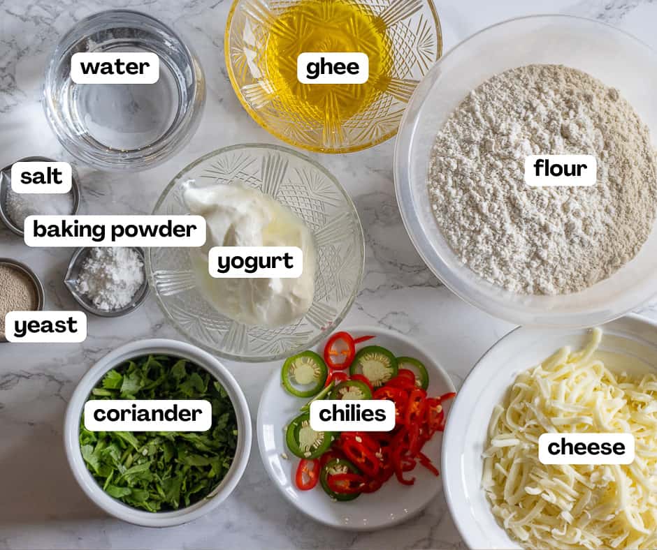labelled picture of ingredients for bullet naan - spicy Indian flatbread