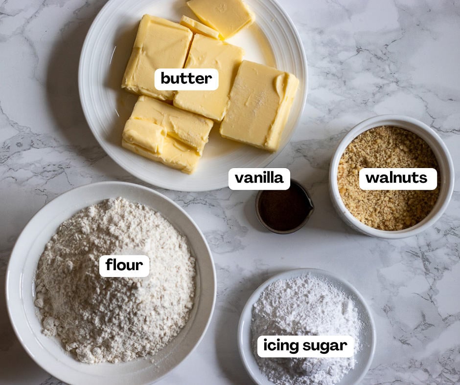 labelled picture of ingredients for walnut cookies
