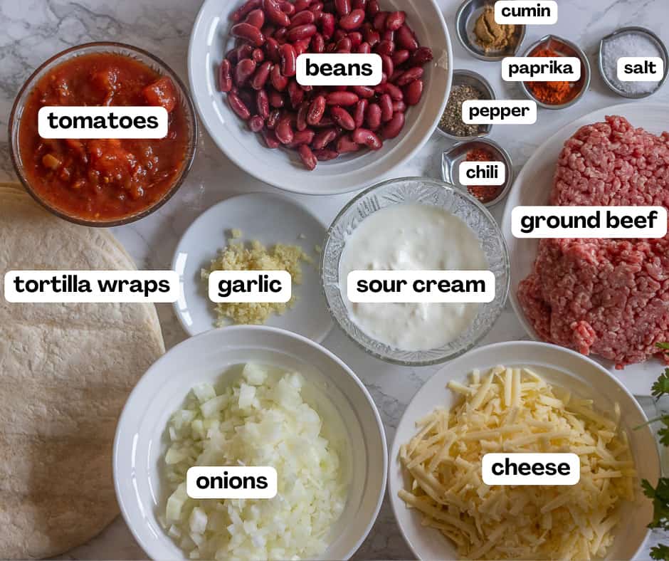 Labelled picture of ingredients for authentic Mexican burrito recipe