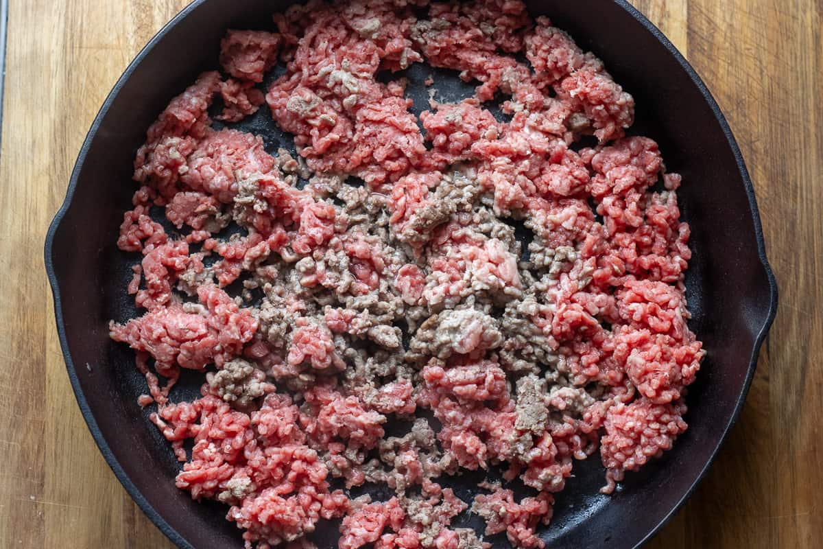 browning the beef mince in a skillet