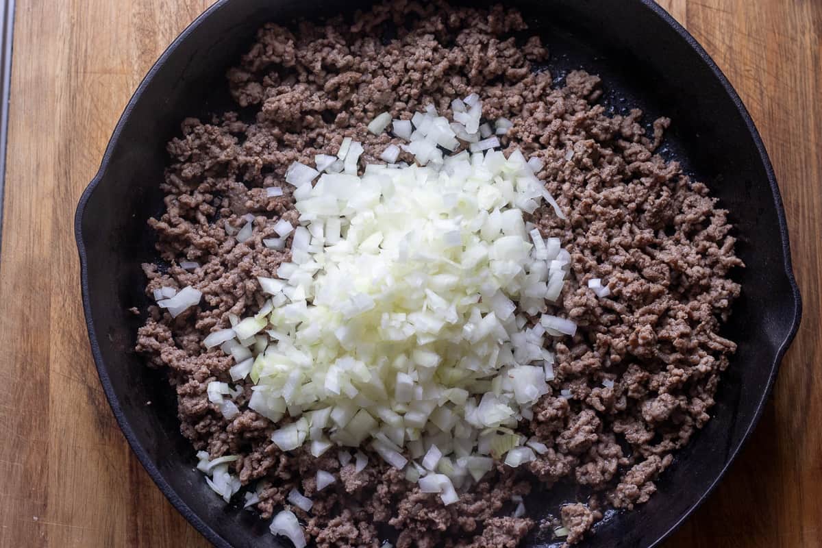 diced onions are added to browned beef