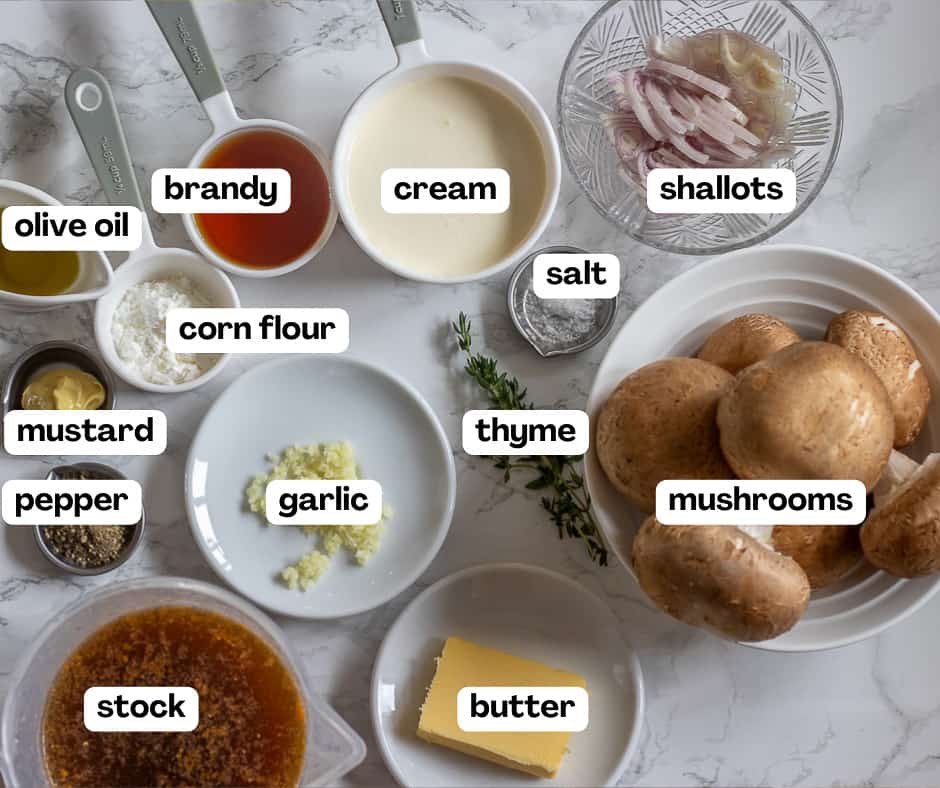 labelled picture of ingredients for creamy mushroom sauce