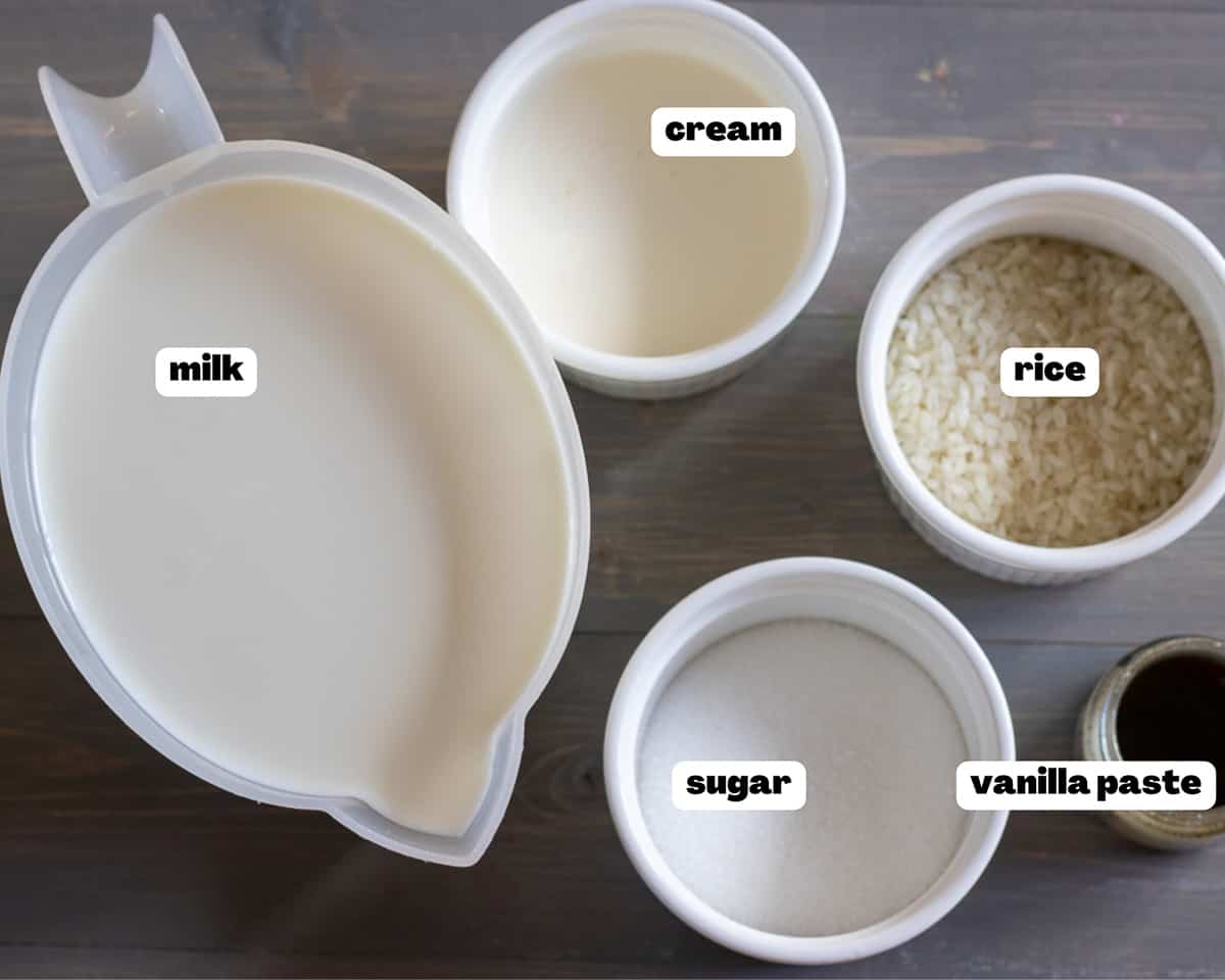 Labelled picture of ingredients for sutlac - Turkish Rice pudding 