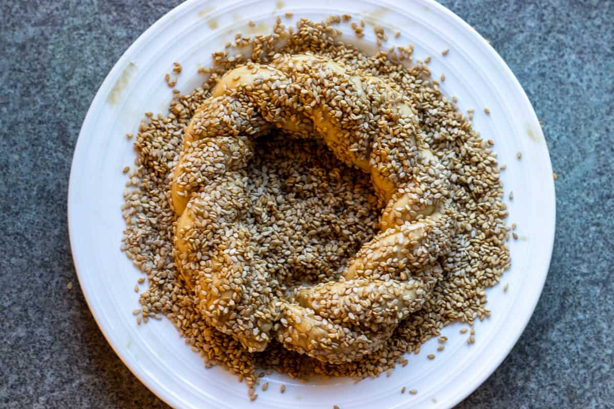 simit circle is covered with sesame seeds
