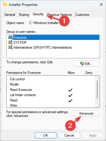Security tab, and click Advanced - Error Code 2502 & 2503 on Windows 11