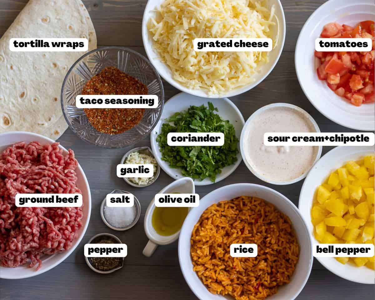 Labelled picture of ingredients for grilled cheese burrito 