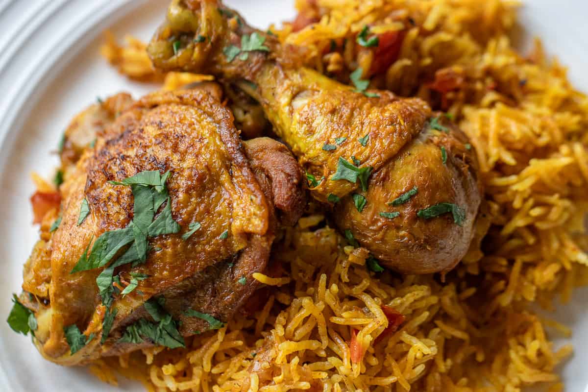Arabian chicken kabsa is served individually on a plate