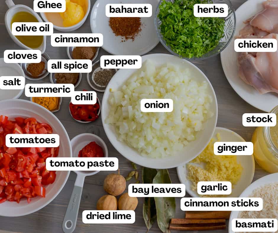 labelled picture of ingredients for Arabian chicken machboos