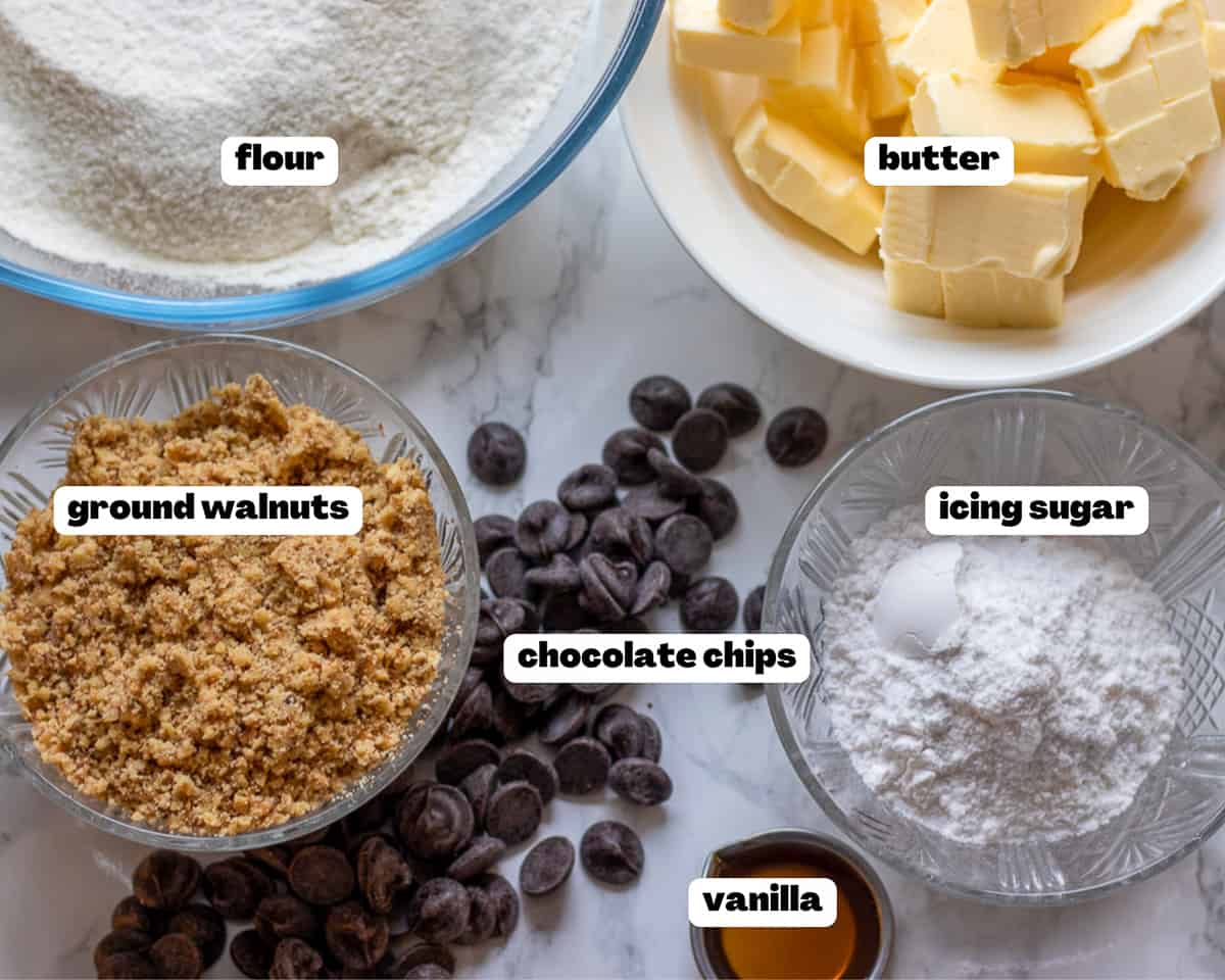 Labelled picture of ingredients for eggless chocolate chip cookies