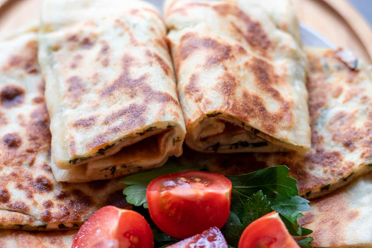 gozleme (Turkish pancakes) filled with cheese and parsley