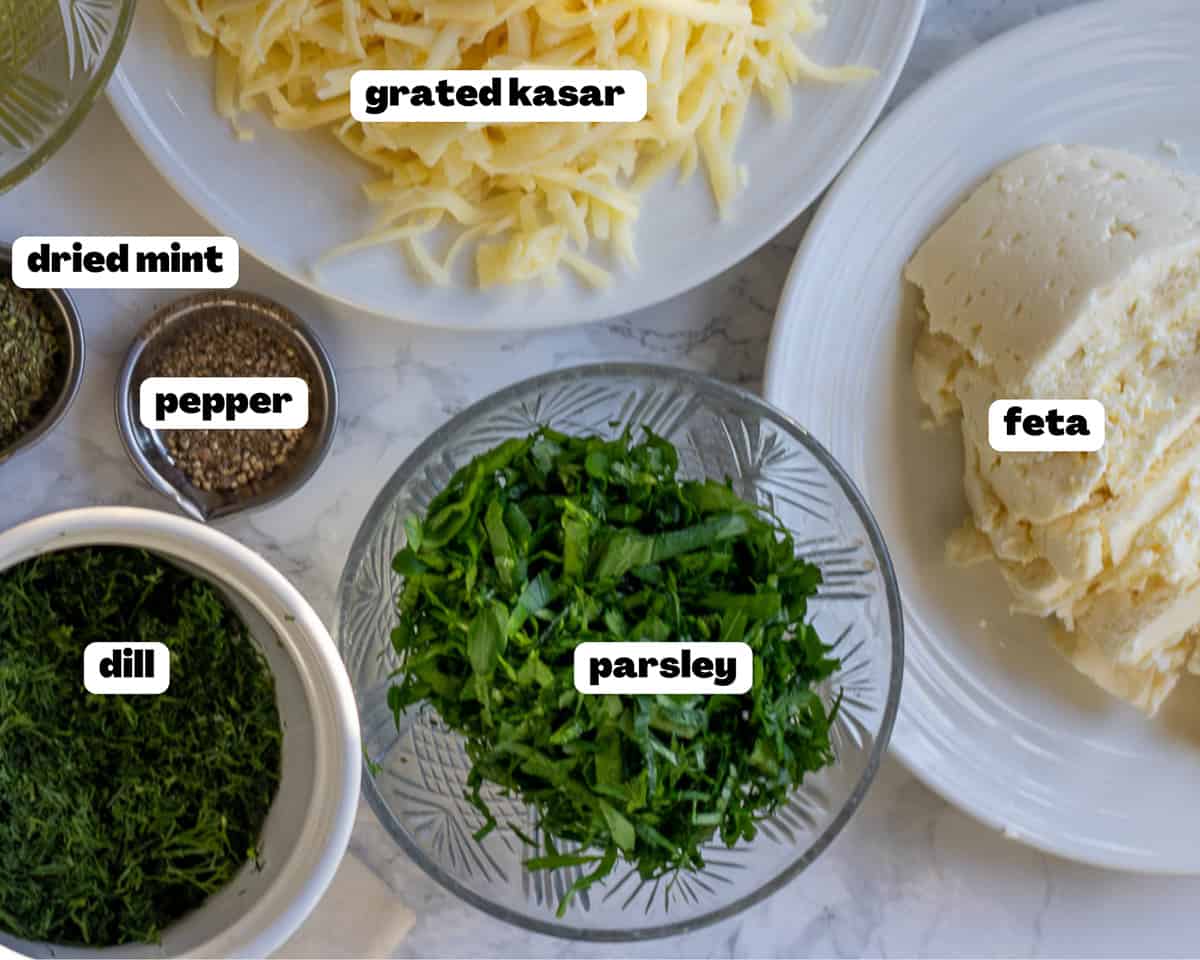 Labelled picture of ingredients for cheese gozleme 