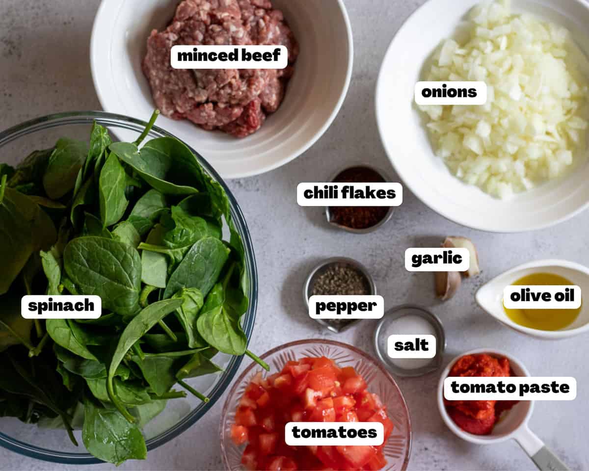 Labelled picture of ingredients for spinach filling for gozleme - Turkish pancakes