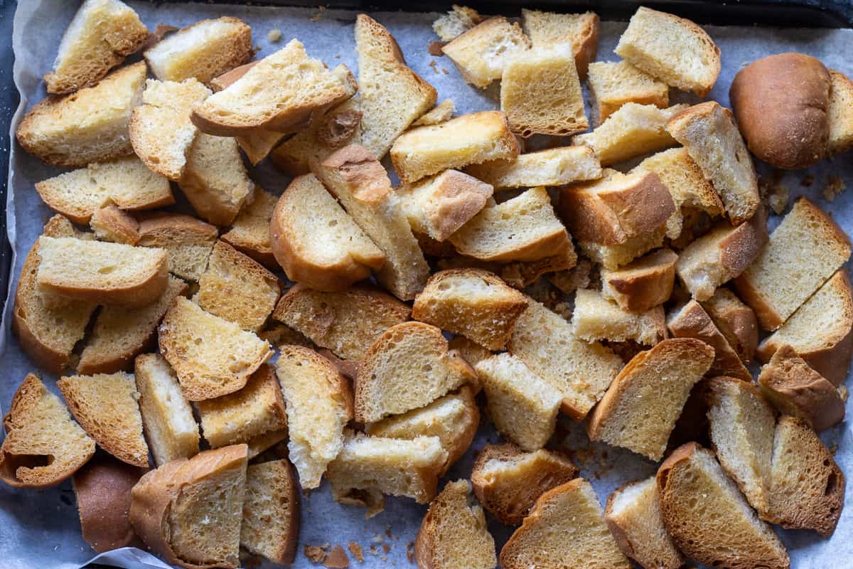 bolillo bread roasted until golden and cut into chunks