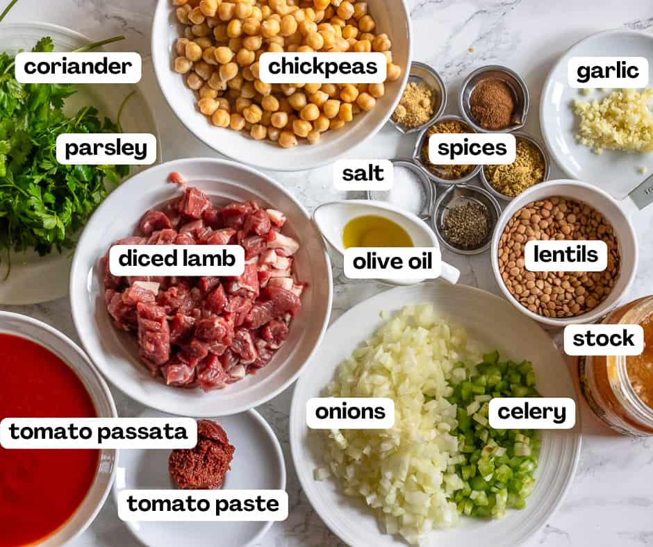 labelled picture of ingredients for Moroccan harira lamb and chickpea soup