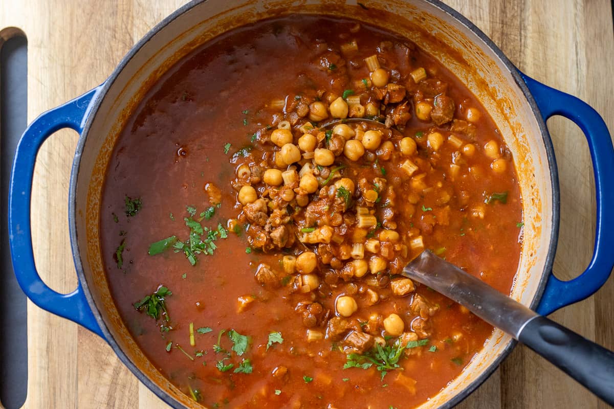 Morocco lamb and chickpea soup is cooked and ready to serve