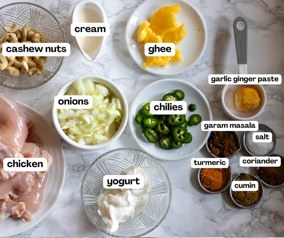 Labelled picture of ingredients for creamy chicken korma recipe