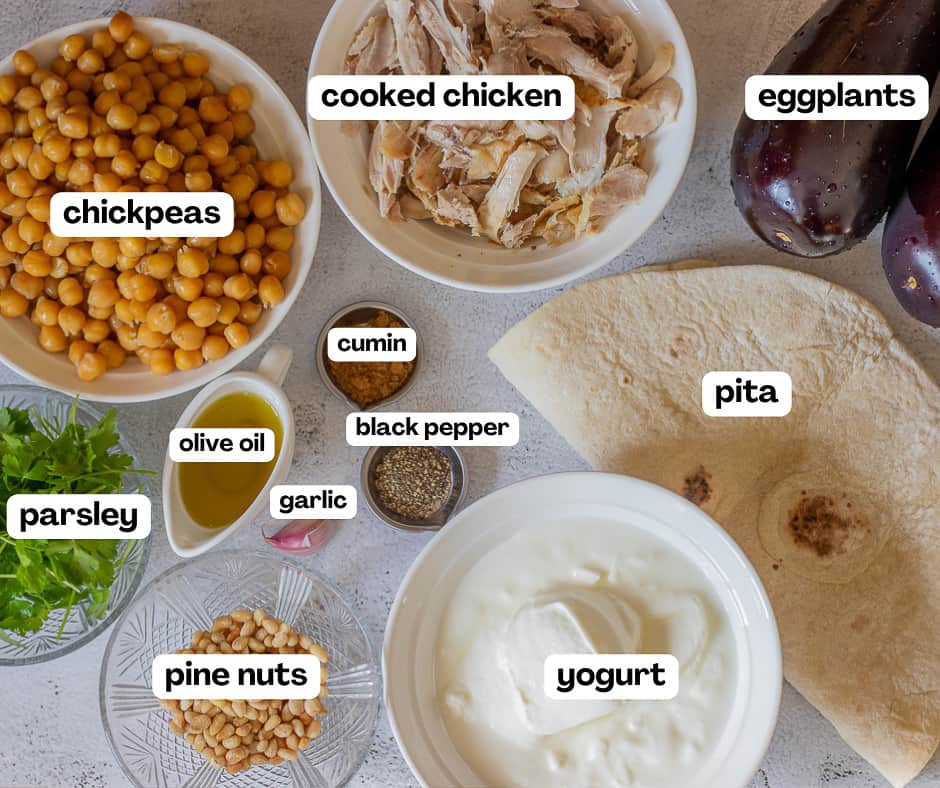 labelled picture of ingredients for chicken and eggplant fatteh recipe