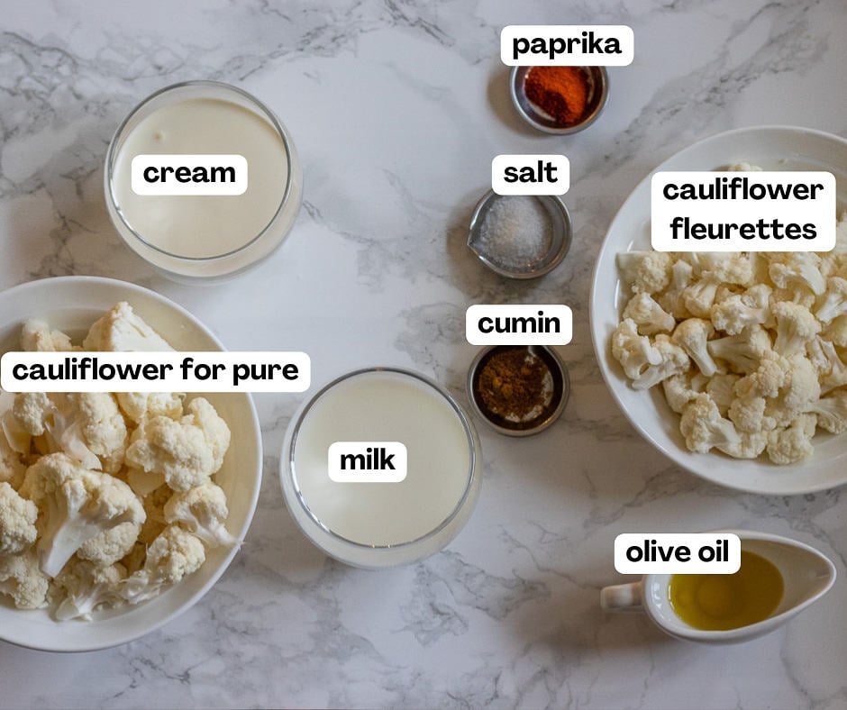 labelled picture of ingredients for cauliflower pure and roasted cauliflower to make cauliflower risotto