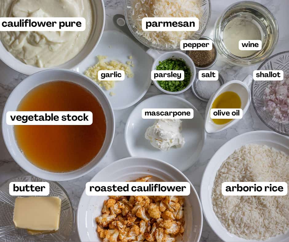 labelled picture of ingredients for roasted cauliflower risotto