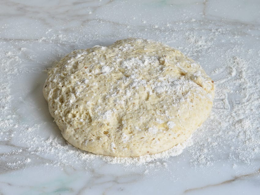 Risen dough dusted with flour.