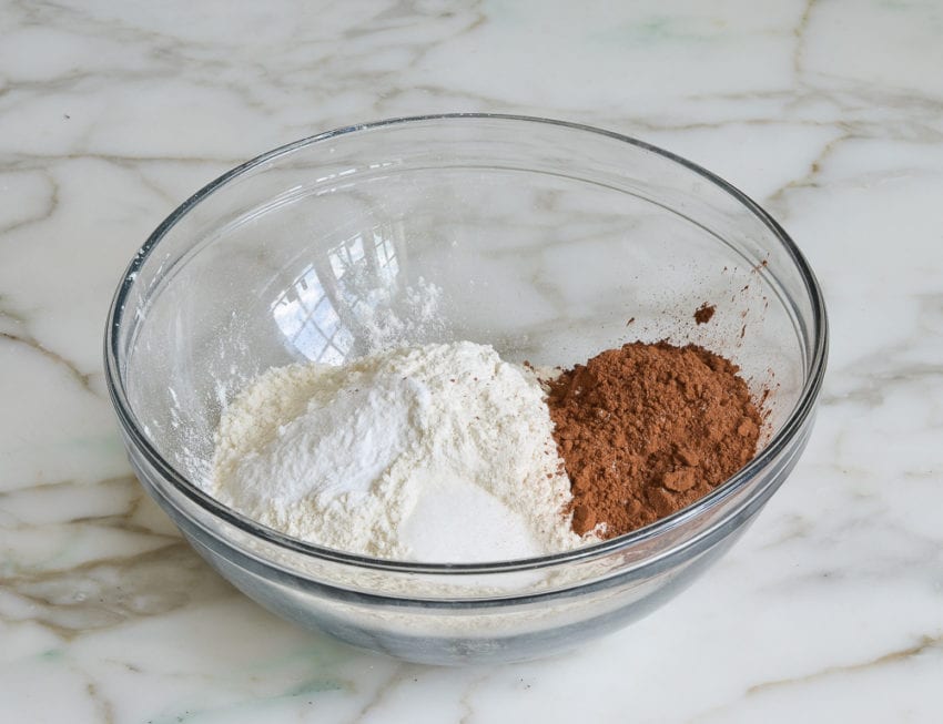 flour, cocoa powder, baking soda, and salt in a mixing bowl