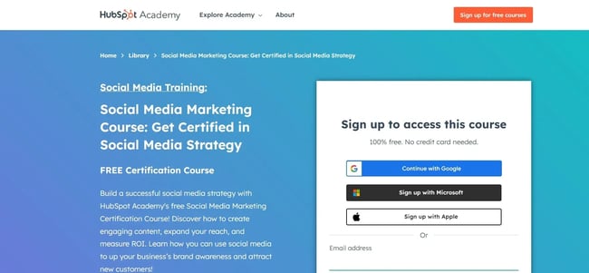 Landing page for HubSpot Academy’s free Social Media Marketing Course.