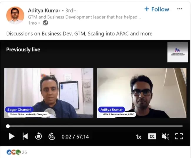 Aditya Kumar’s LinkedIn video discussing business development.