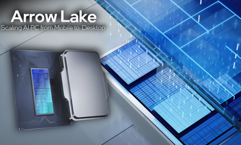 معماری پردازنده Intel Arrow Lake با چهار کاشی، کاشی CPU شامل هسته‌های P با پارچه منسجم با هسته‌های الکترونیکی متصل می‌شود.